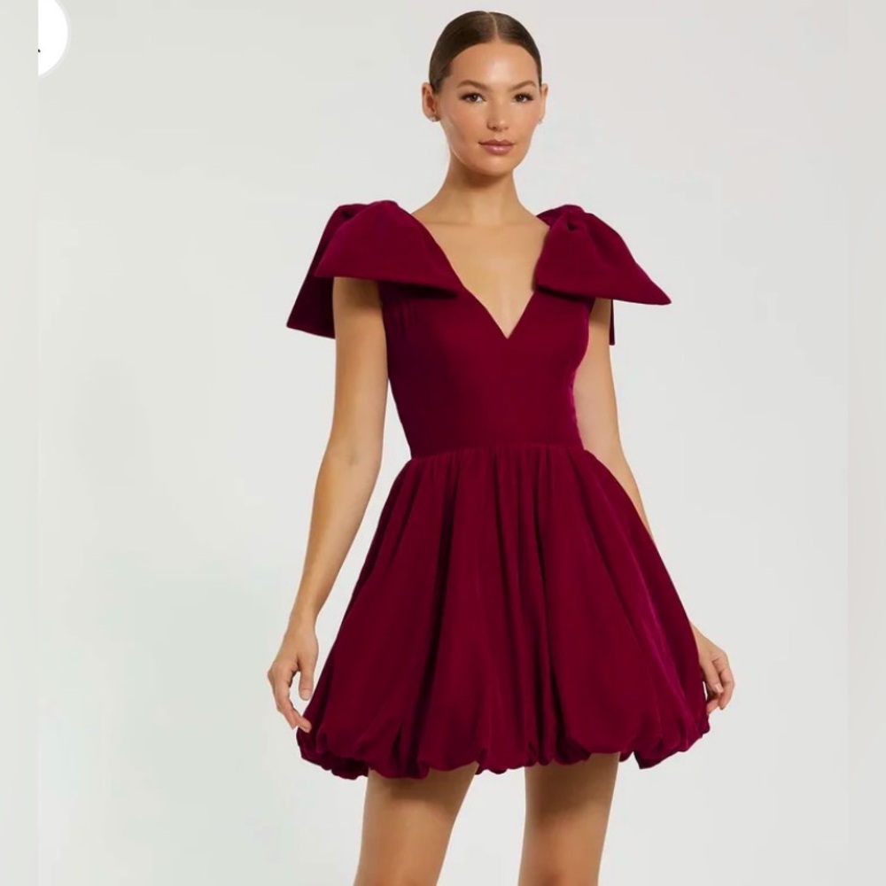 Mac Duggal Red Velvet Shoulder Bow Bubble Mini Dress